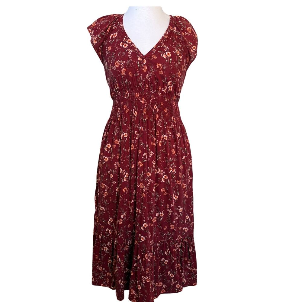 Old Navy Floral Tiered Midi Dress Sm Burgundy Smocked Waist Flutter Sleeve Boho